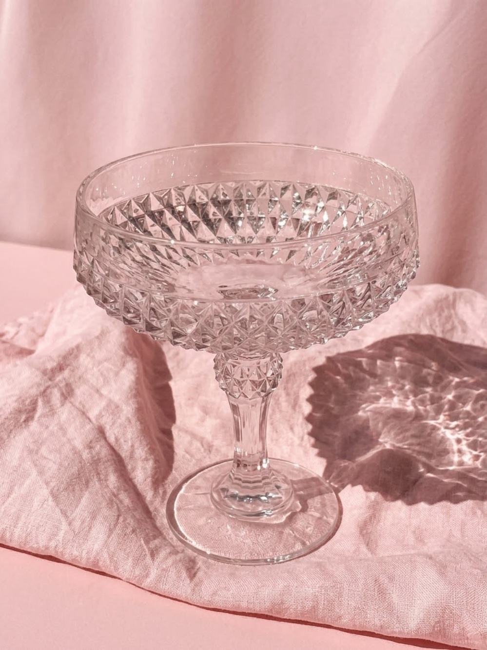Indiana Glass Clear Cut-Glass Compote with Pink Reflection